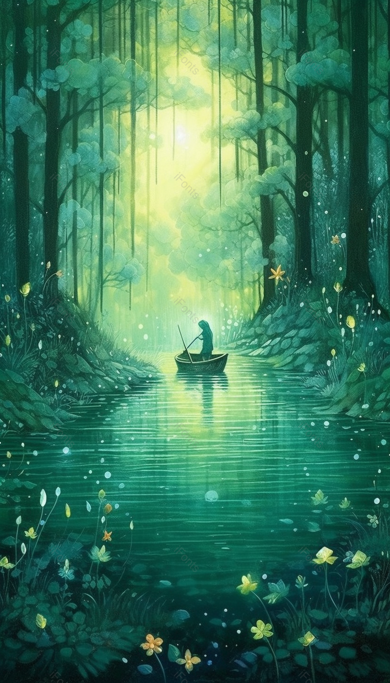 暗绿色晨光照耀小溪小船插画背景,插画/手绘图,插画/手绘图库,插画/手绘图下载,插画/手绘